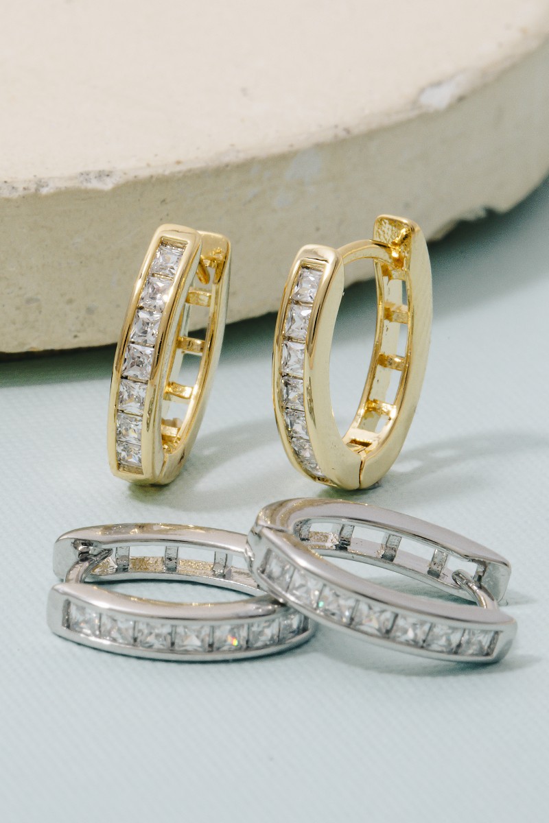 Cz Pave Edge Oval Hinge Hoop Earrings