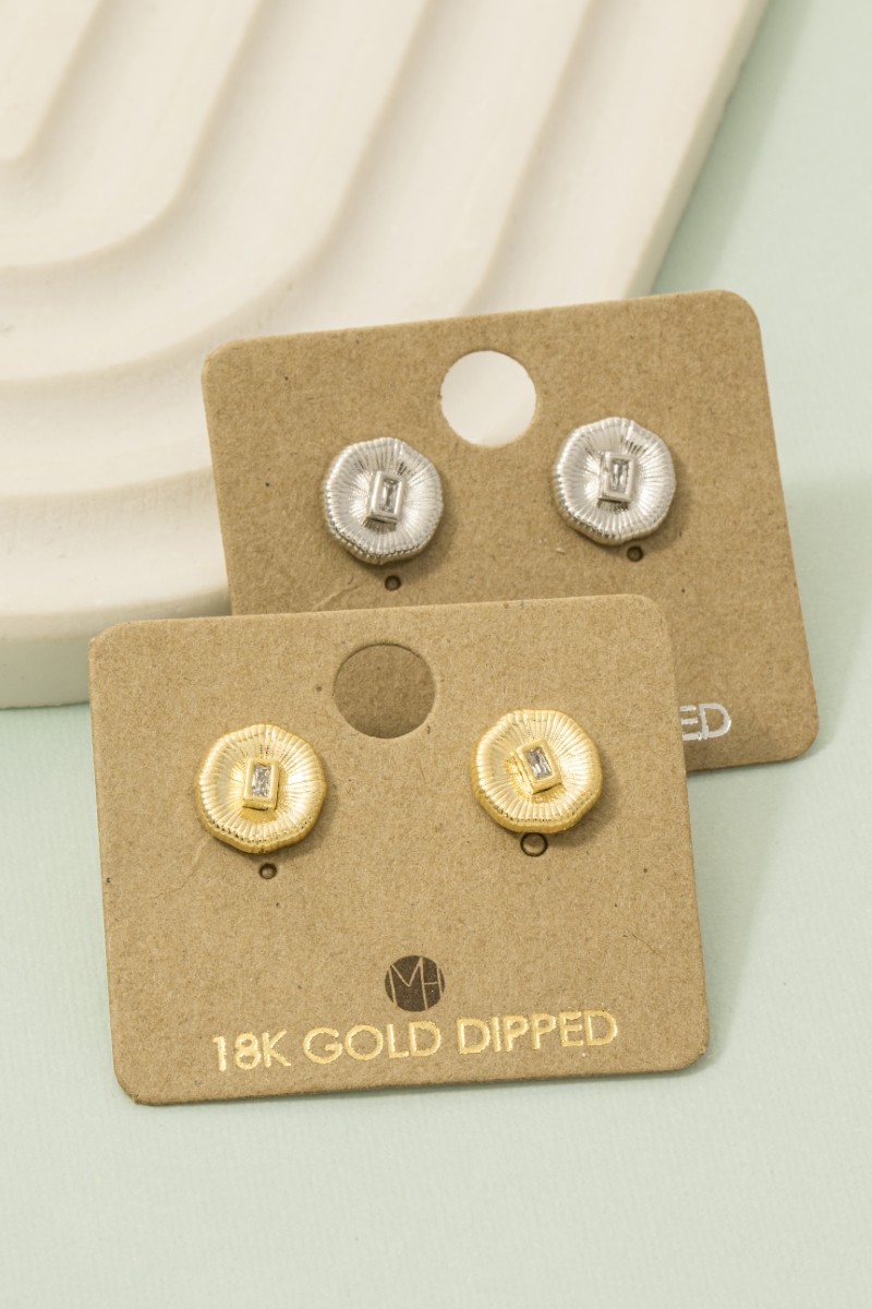 Gold Dipped Circle Baguette Rhinestone Stud Earrings