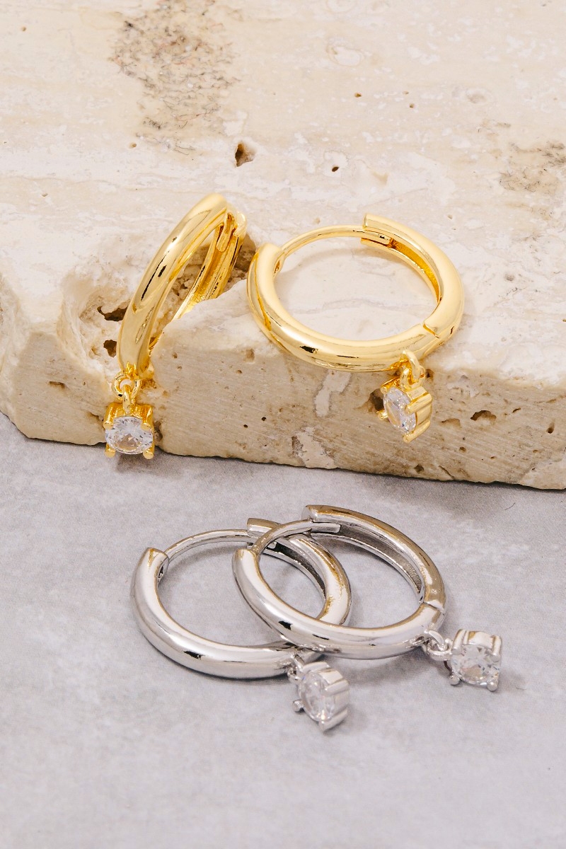 Gold Dipped Cz Charm Hinge Hoop Earrings