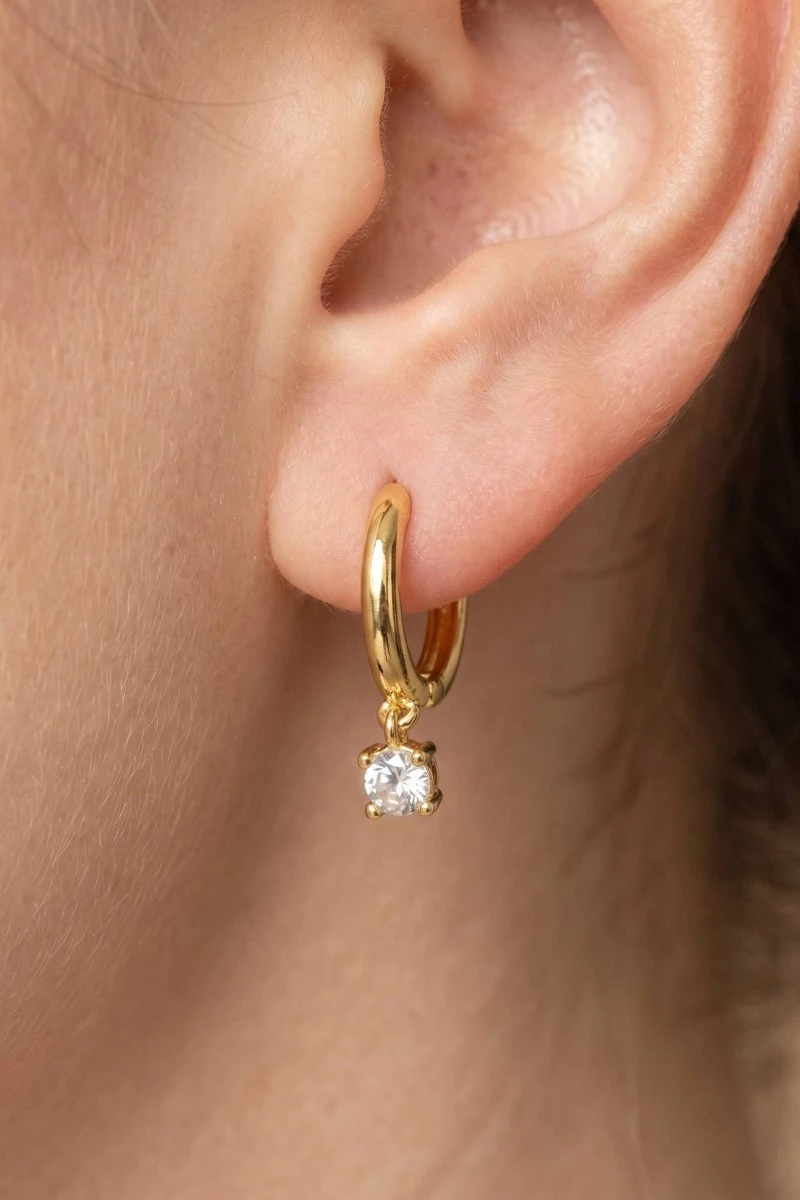 Gold Dipped Cz Charm Hinge Hoop Earrings