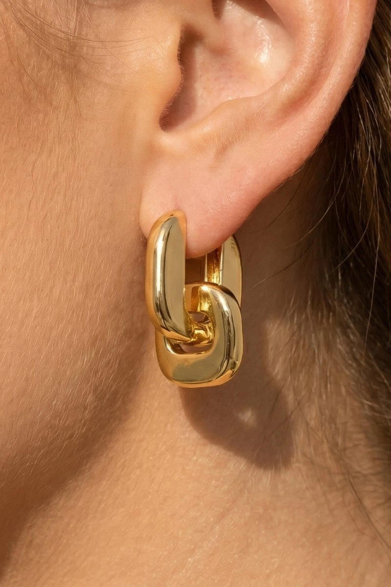 Gold Dipped Double Square Link Hoop Earrings