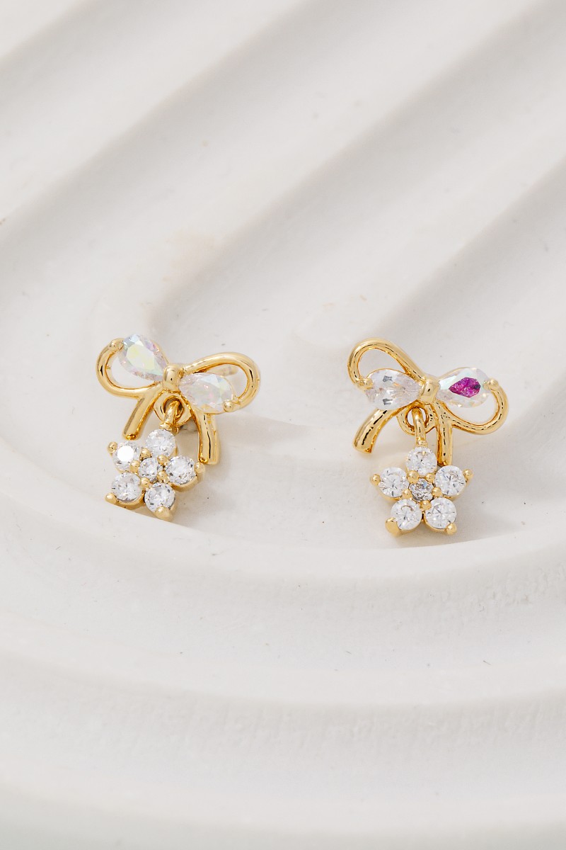 Cz Ribbon Bow Flower Earrings
