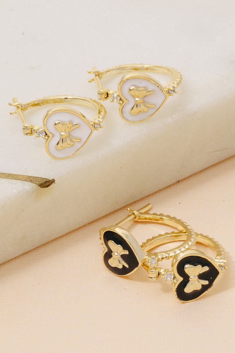 Gold Dipped Enamel Ribbon Bow Heart Hoop Earrings