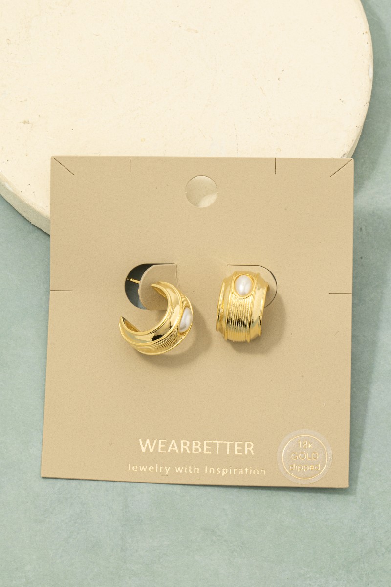 Gold Dipped Oval Pearl Stud Wide Hoop Earrings