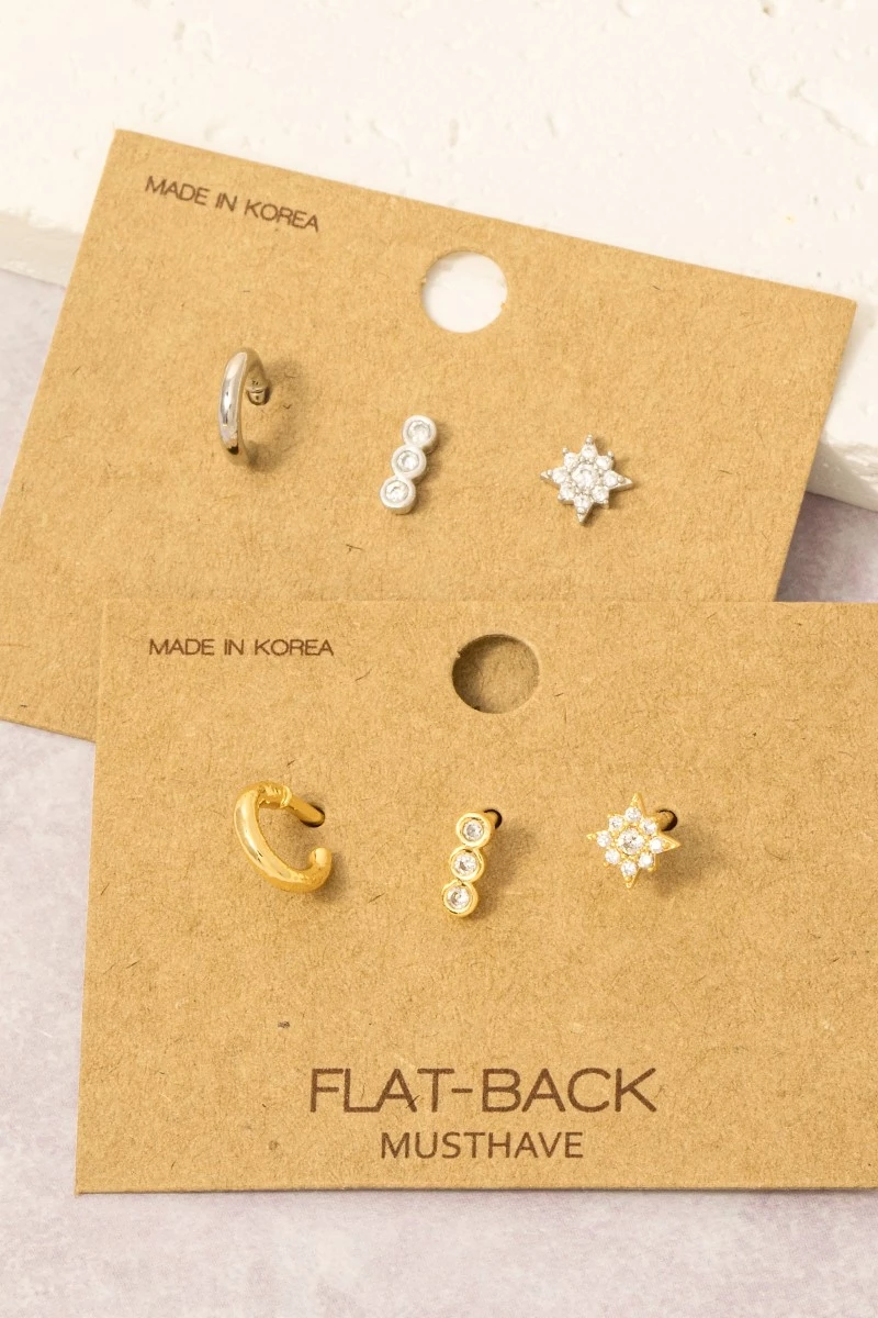 Gold Dipped 3Pc Hoop And Cz Stud Earrings Set
