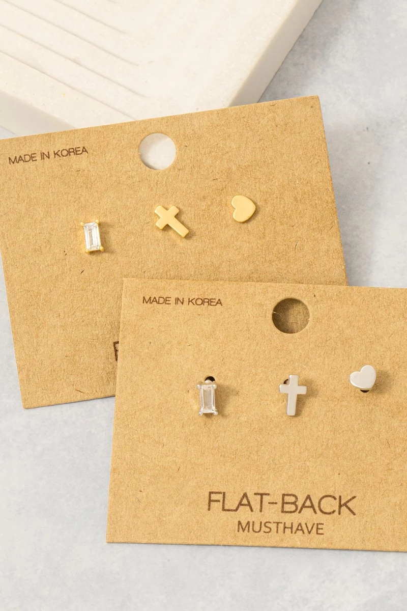 Gold Dipped Cz Heart And Cross 3Pc Stud Earrings Set