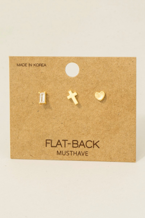 Gold Dipped Cz Heart And Cross 3Pc Flat Back Stud Earrings Set