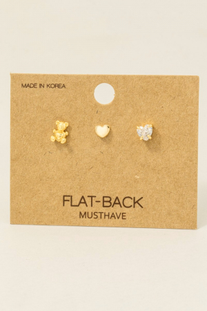 Gold Dipped Teddy Bear Flat Back Cz Heart Stud Earrings Set