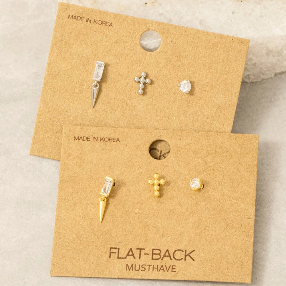 Gold Dipped Mixed Cz And Cross 3Pc Stud Earrings Set