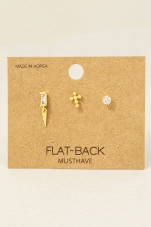 Gold Dipped Mixed Flat Back Cz And Cross 3Pc Stud Earrings Set