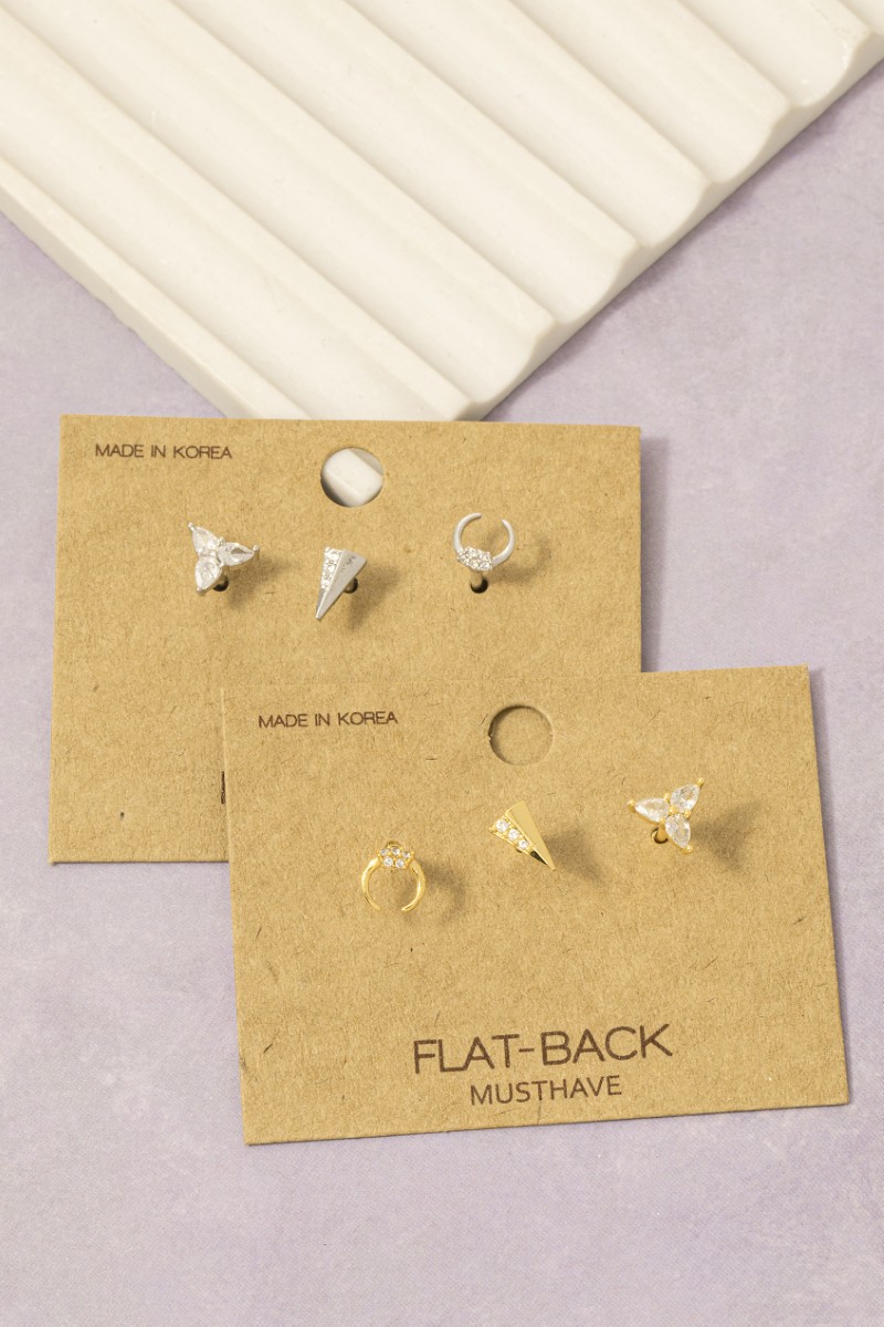 Gold Dipped Mixed 3Pc Flat Back Cz Piercing Studs Set