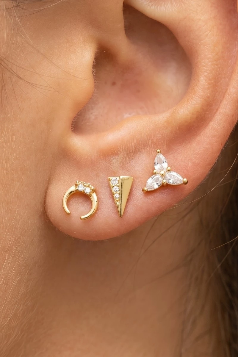 Gold Dipped Mixed 3Pc Cz Piercing Studs Set