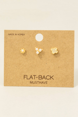 Gold Dipped 3Pc Flat Back Pearl And Cz Studded Stud Earrings Set