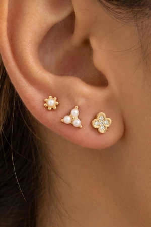Gold Dipped 3Pc Pearl And Cz Studded Stud Earrings Set