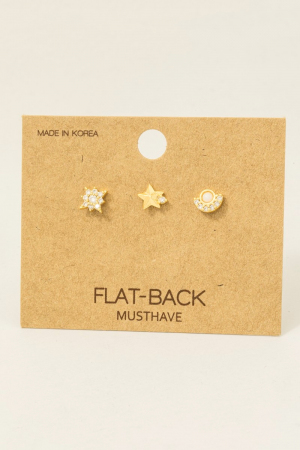 Gold Dipped 3Pc Cz Flat Back Studded Stars Stud Earrings Set