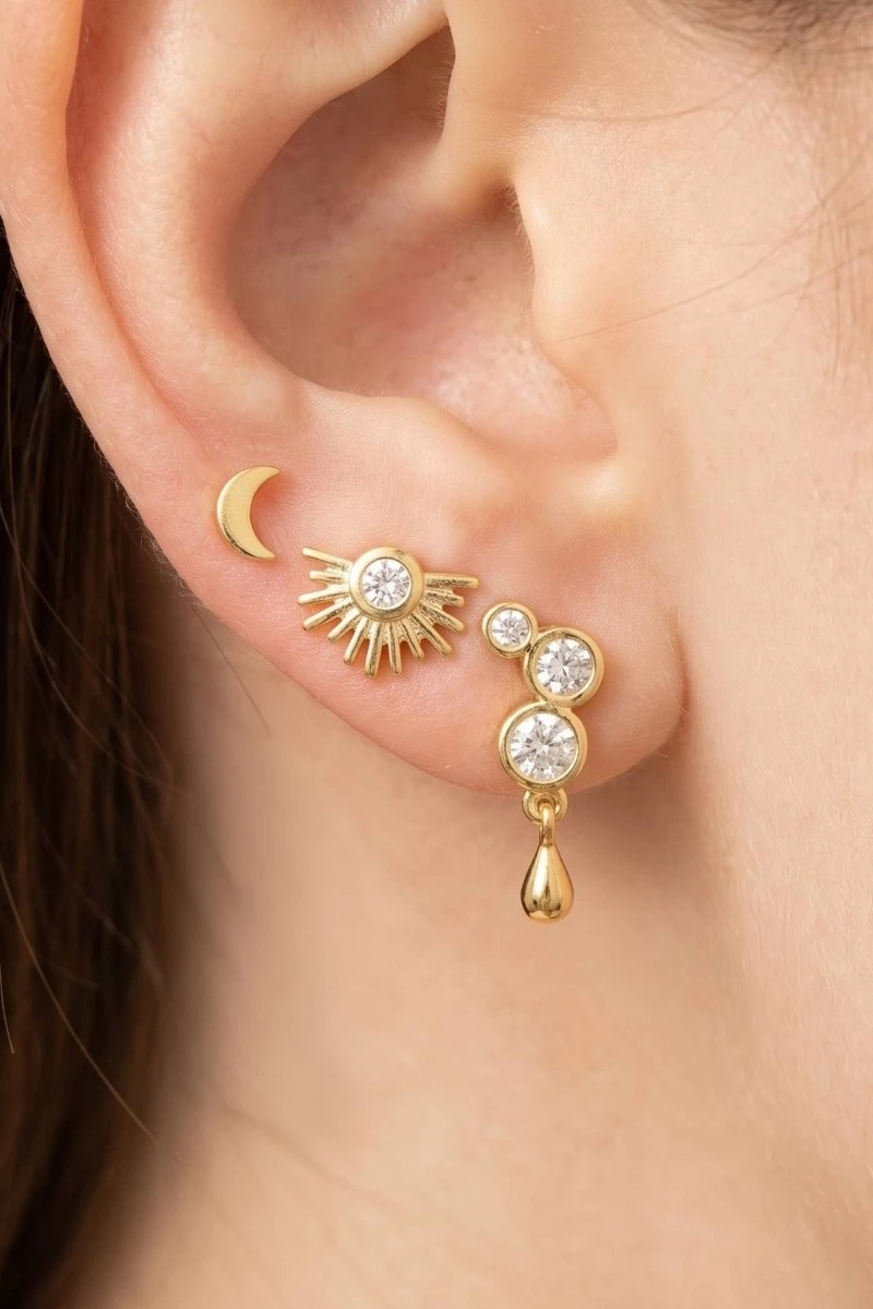 Gold Dipped Mixed Cz 3Pc Stud Earrings Set