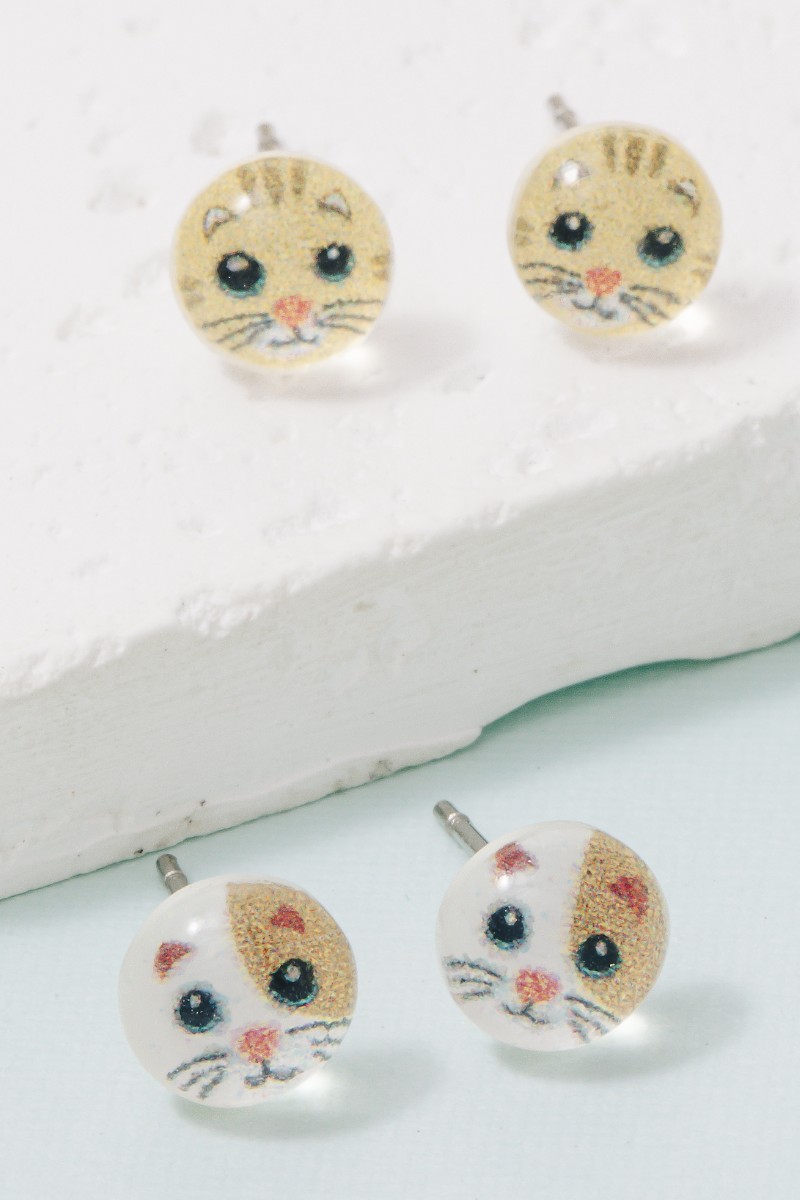 Cute Acrylic Circle Cat Stud Earrings Set