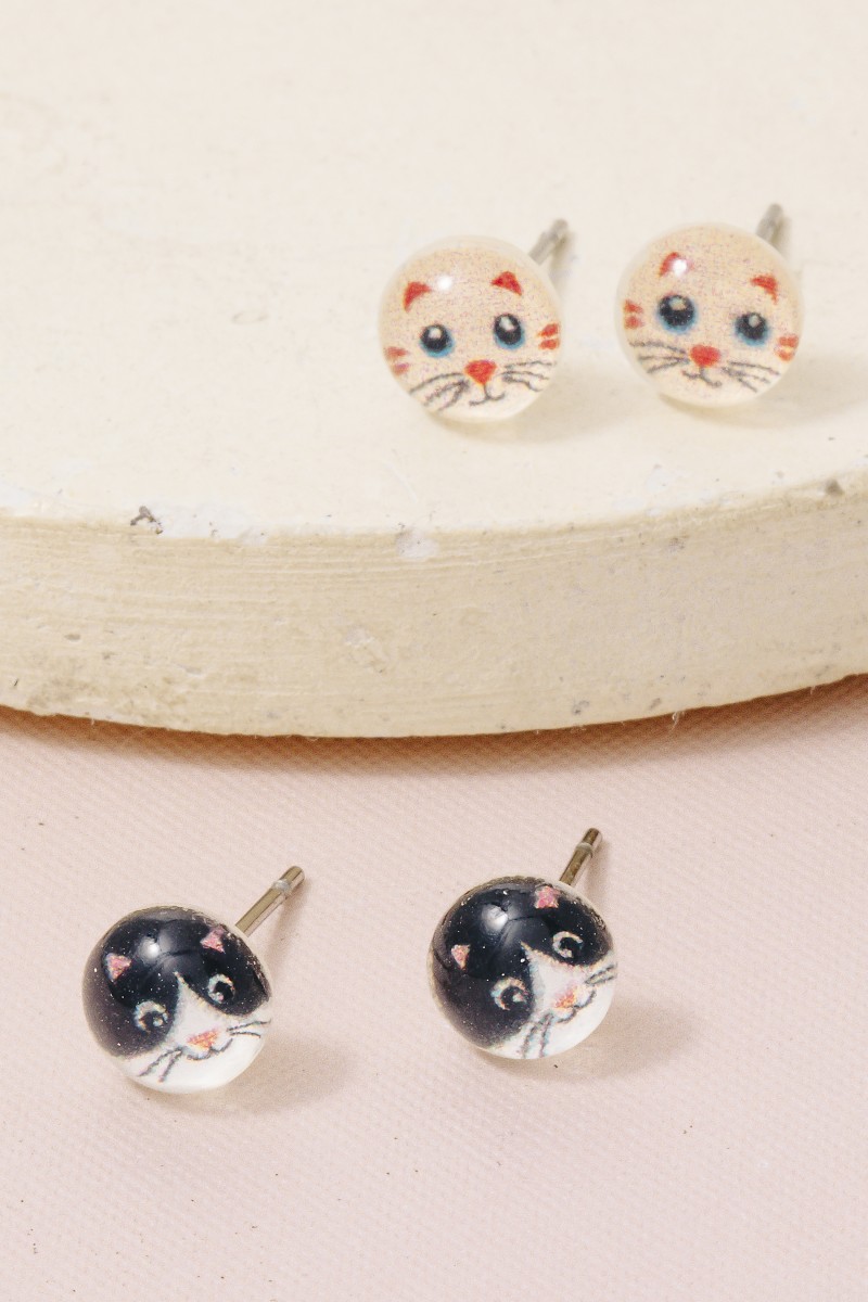 Acrylic Dome Cat Stud Earrings Set