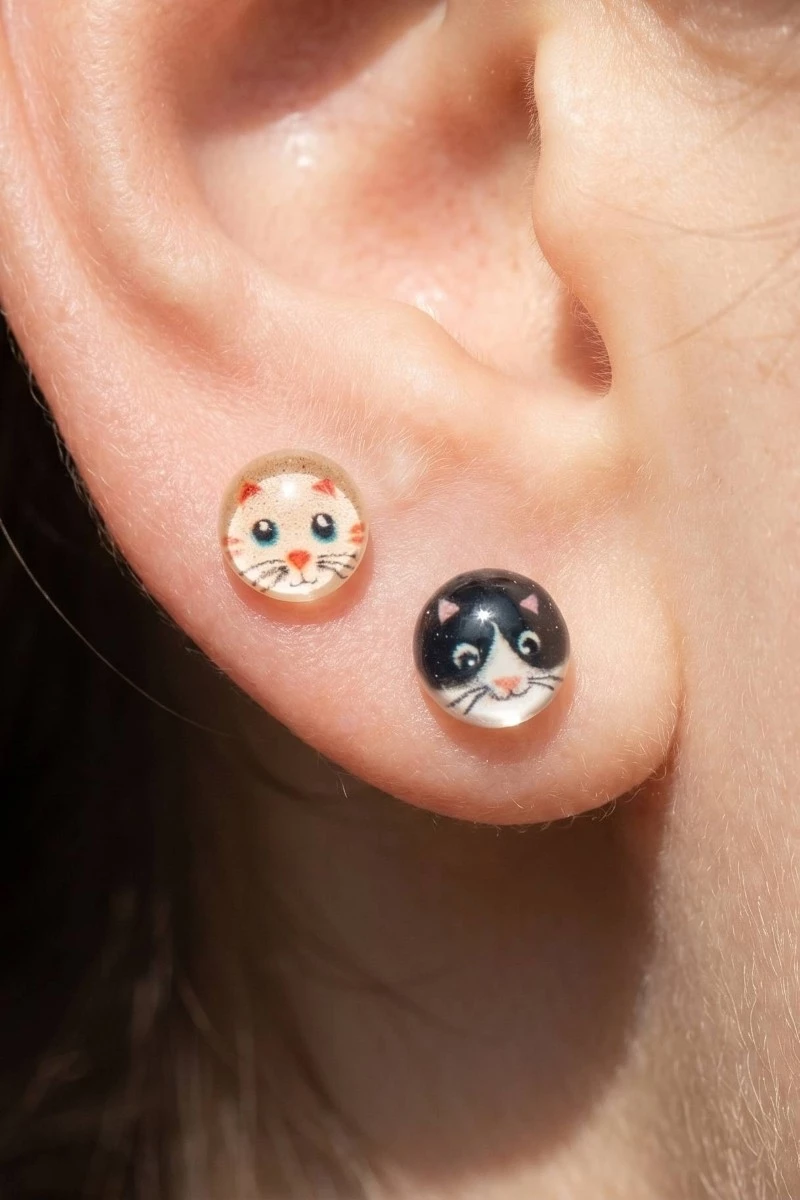 Acrylic Dome Cat Stud Earrings Set
