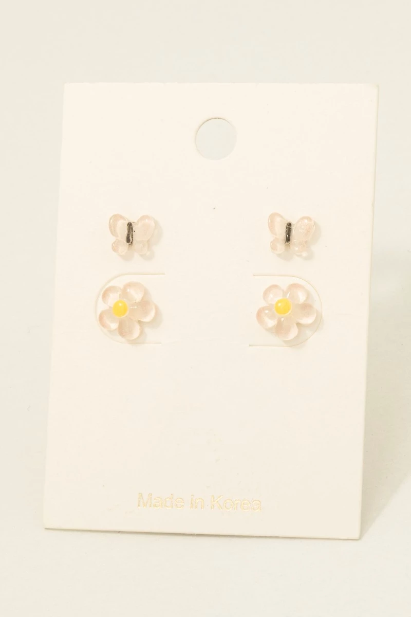 Clear Acrylic Pink Flower And Butterfly Stud Earrings Set