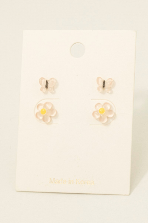 Clear Acrylic Pink Flower And Butterfly Stud Earrings Set