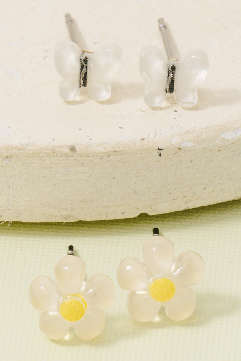 Clear Acrylic Yellow Flower And Butterfly Stud Earrings Set