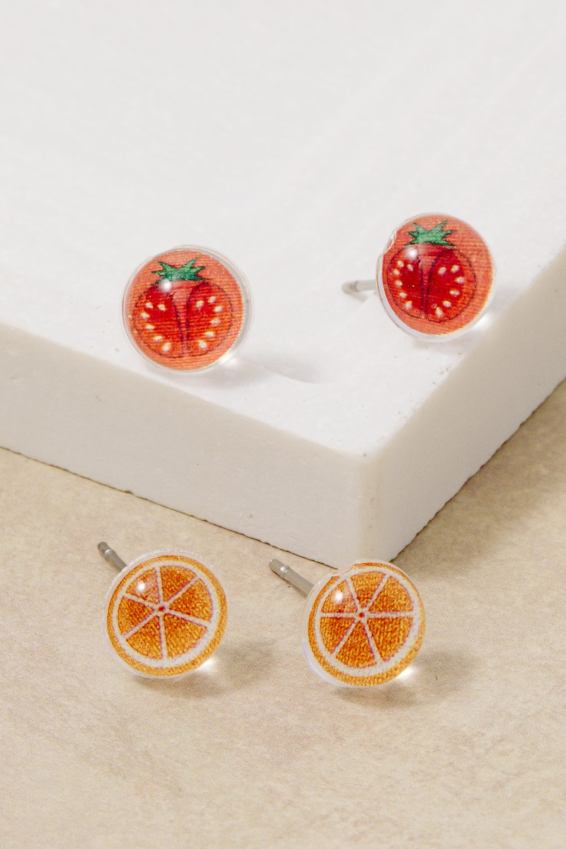 Acrylic Tomato And Orange Stud Earrings Set