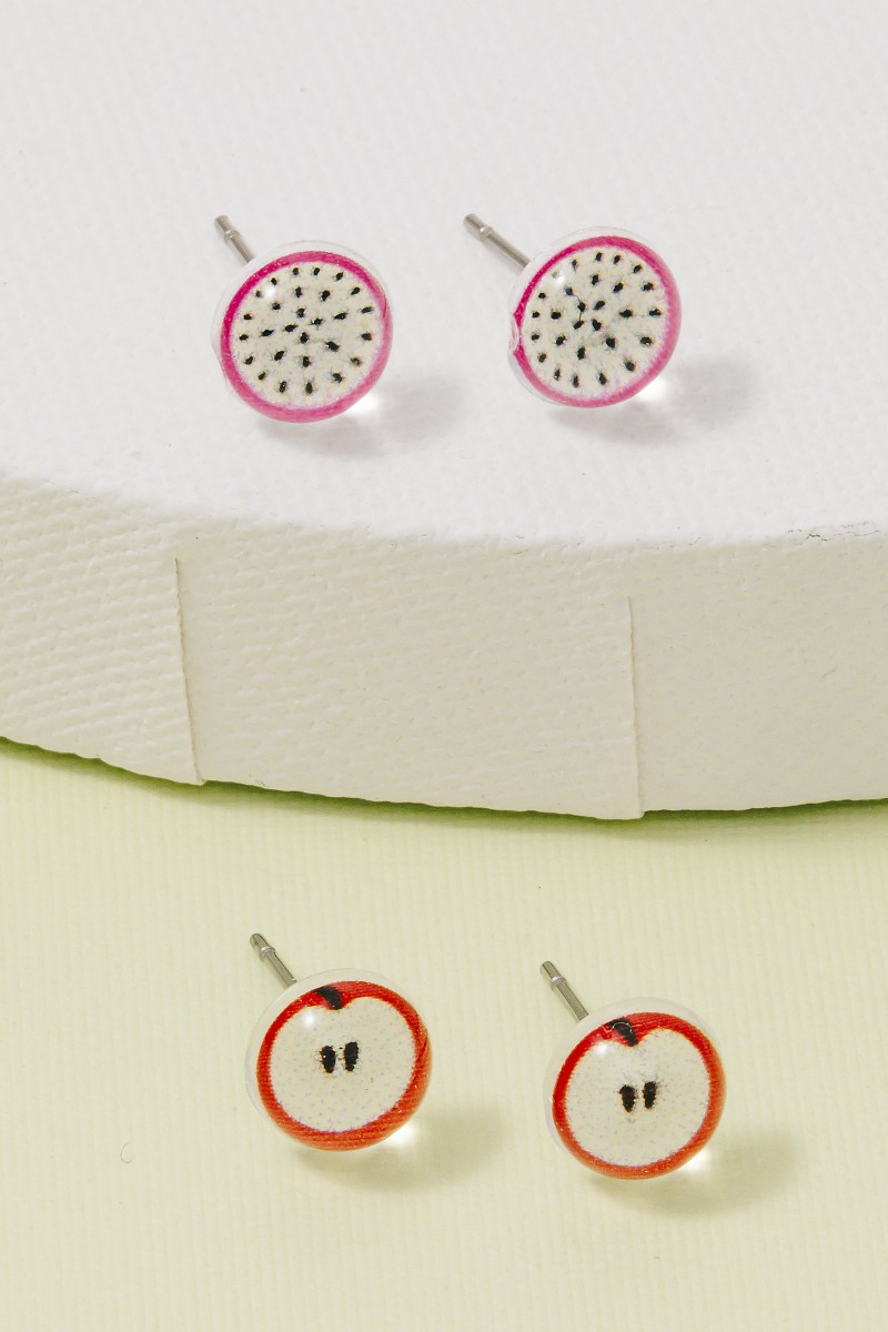 Acrylic Dragon Fruit And Apple Stud Earrings Set