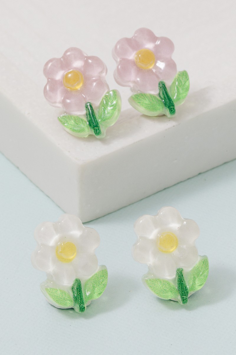 Pink And White Acrylic Flower Stud Earrings Set