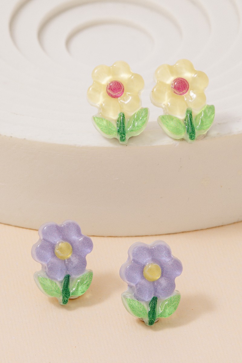 Purple And Yellow Acrylic Flower Stud Earrings Set