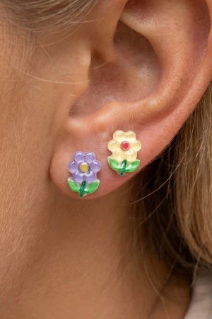 Purple And Yellow Acrylic Flower Stud Earrings Set
