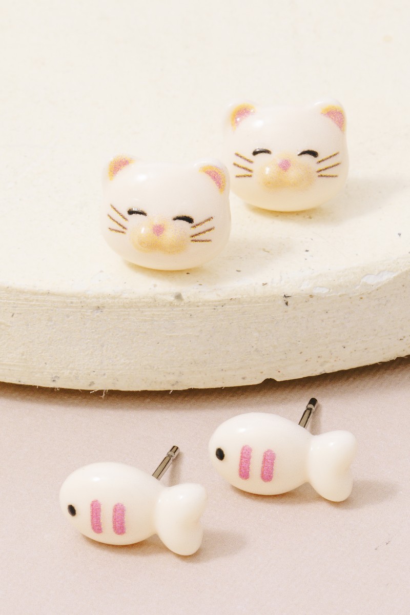 Cat And Fish Acrylic Stud Earrings Set
