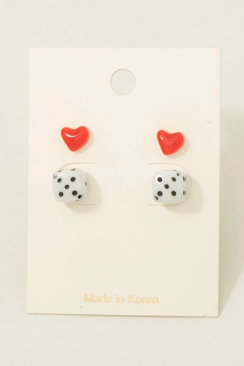 Dice And Hearts Acrylic Stud Earrings Set