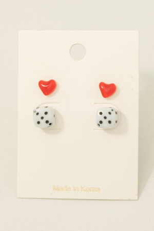 Dice And Hearts Acrylic Stud Earrings Set