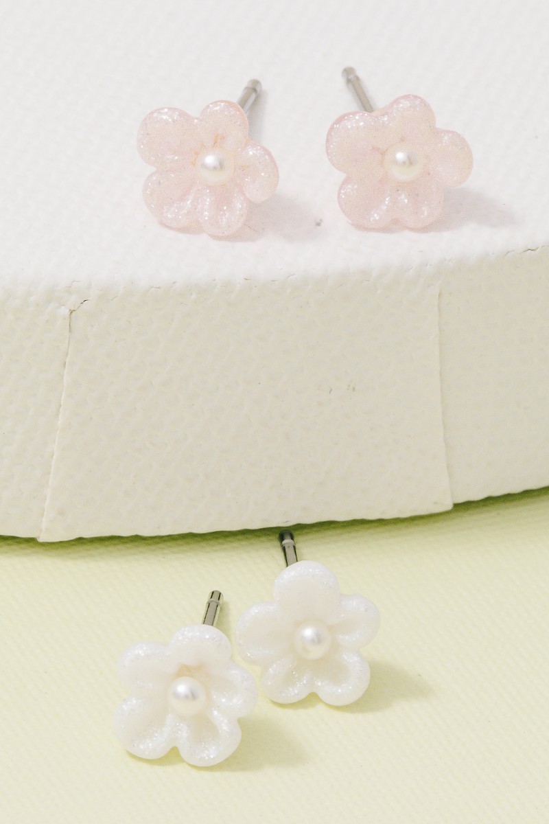 Glitter Acrylic Pearl Stud Flower Stud Earrings Set