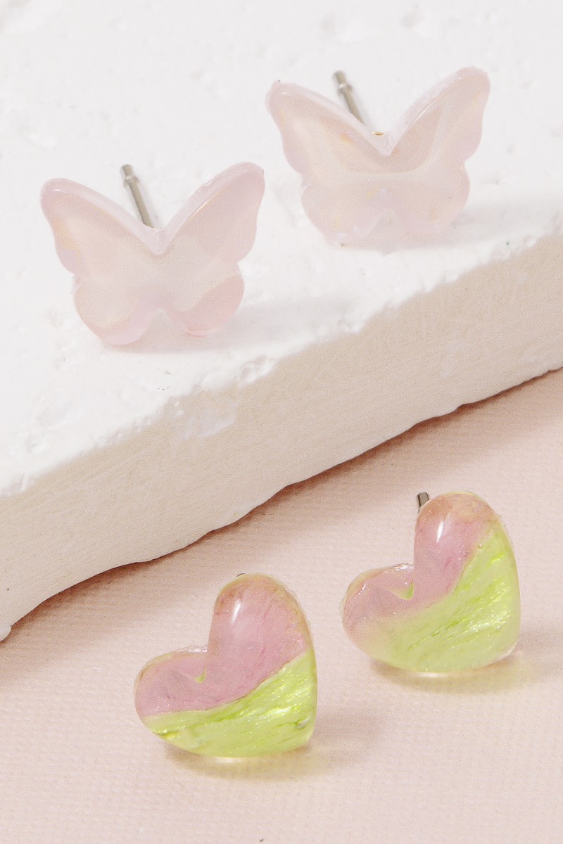 Pink Butterfly And Heart Acrylic Stud Earrings Set