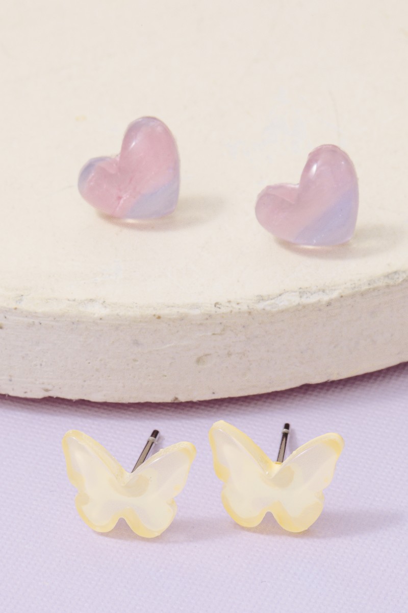 Yellow Butterfly And Heart Acrylic Stud Earrings Set