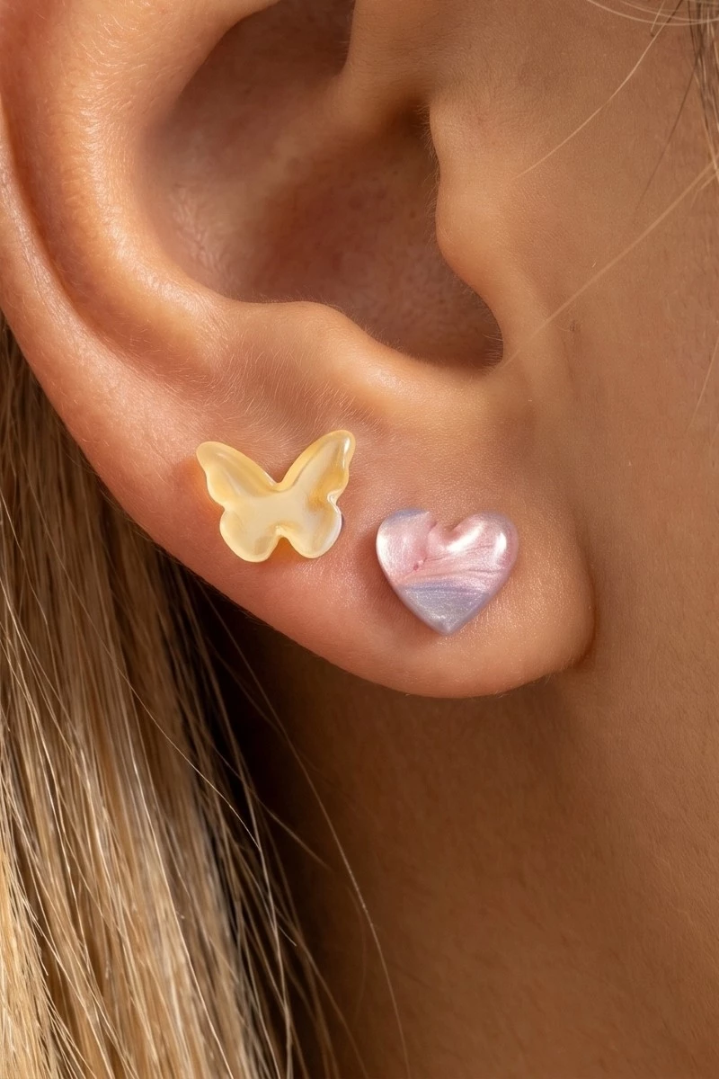 Yellow Butterfly And Heart Acrylic Stud Earrings Set