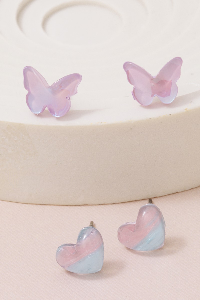 Purple Butterfly And Heart Acrylic Stud Earrings Set