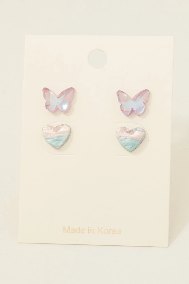 Purple Butterfly And Heart Acrylic Stud Earrings Set
