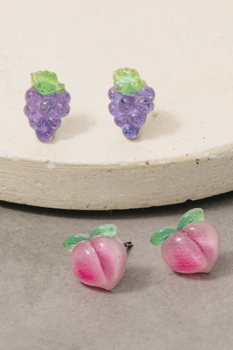 Glitter Acrylic Peach And Grapes Stud Earrings Set