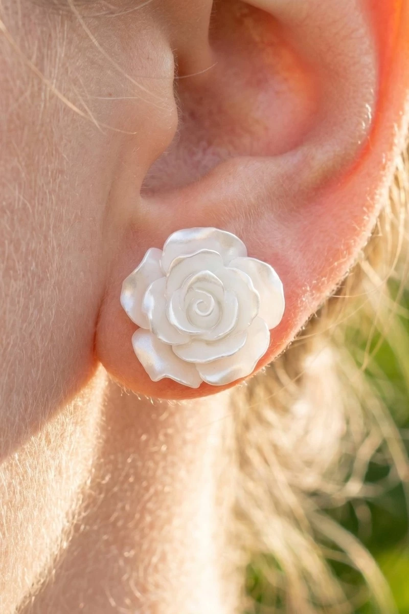 Acrylic White Rose Stud Earrings