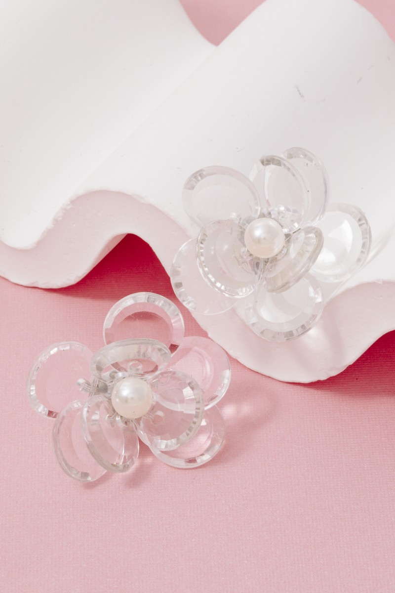 Clear Layered Acrylic Flower And Pearl Bead Stud Earrings