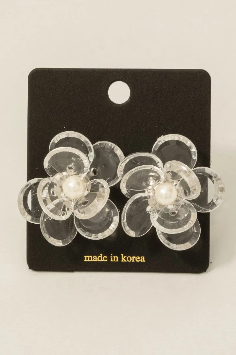 Clear Layered Acrylic Flower And Pearl Bead Stud Earrings