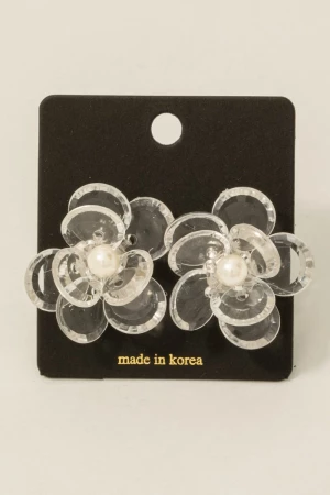 Clear Layered Acrylic Flower And Pearl Bead Stud Earrings