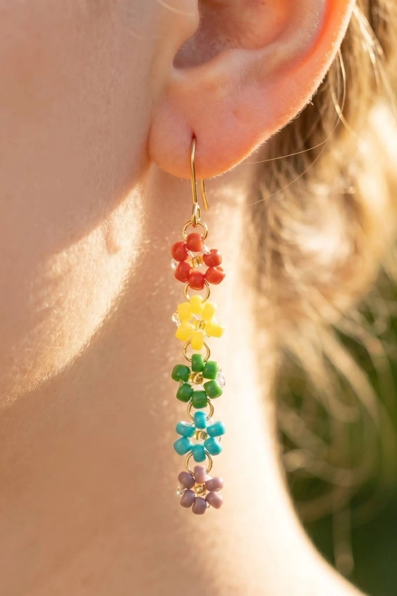 Seed Beaded Flower Chain Dangle Earrings