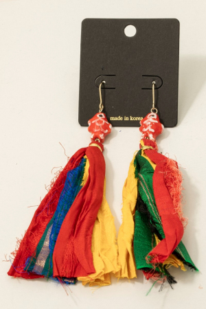 Ceramic Fish Multi Fabric Fringe Drop Earrings