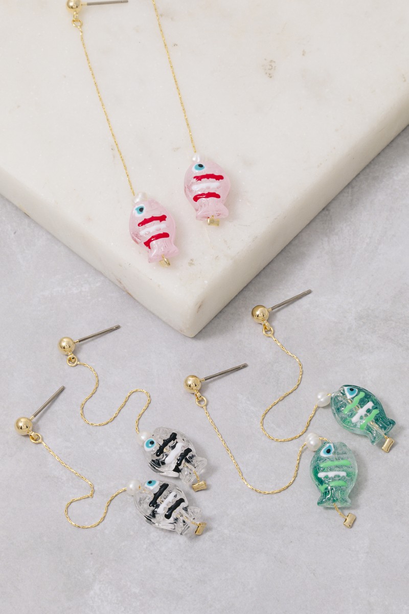Striped Glass Fish Dangle Chain Earrings