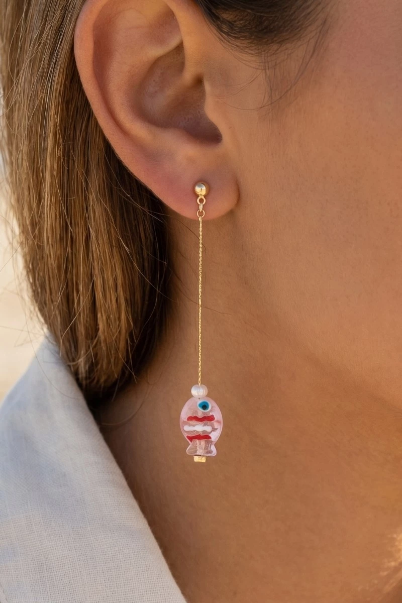 Striped Glass Fish Dangle Chain Earrings
