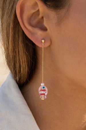 Striped Glass Fish Dangle Chain Earrings